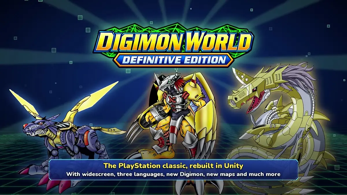 Digimon World Definitive Edition logo from the English trailer describing a Unity rebuild
