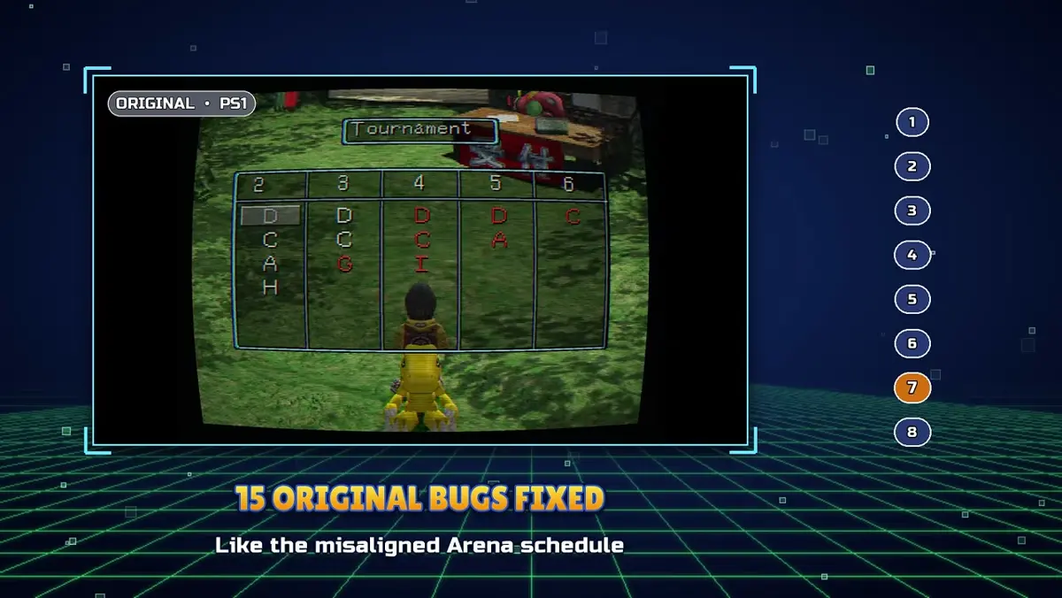 Fifteen original bugs fixed caption with misaligned Arena tournament schedule on an Original PS1 labeled screen