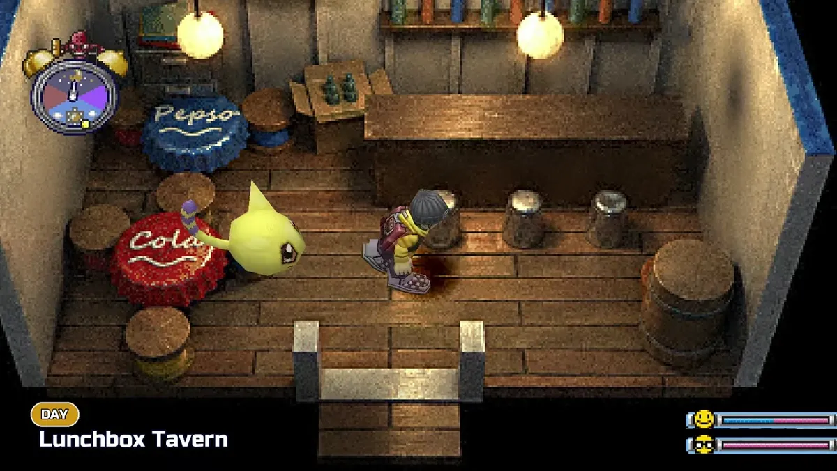 Lunchbox Tavern interior during Day in DWDE with bottle-cap tables and wooden bar shown in the trailer