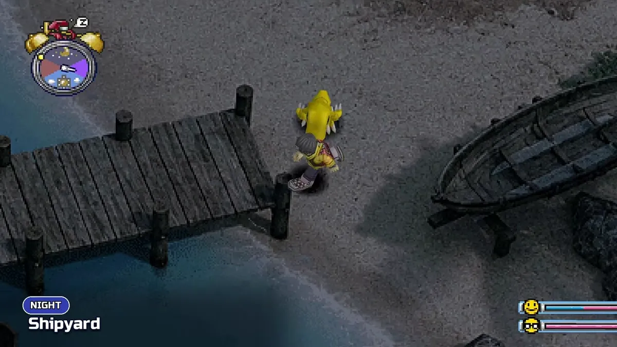 Shipyard at Night with wooden pier and beached rowboat in Digimon World Definitive Edition footage
