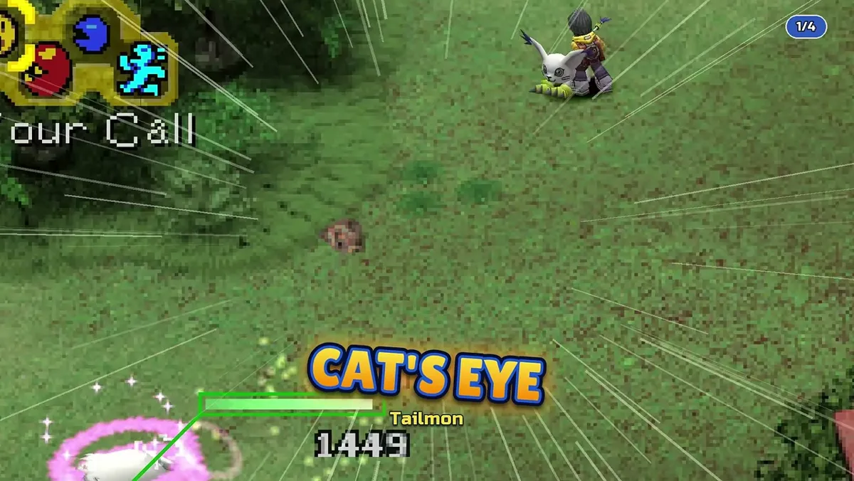 Tailmon performing the Cat’s Eye finishing move during DWDE widescreen battle footage