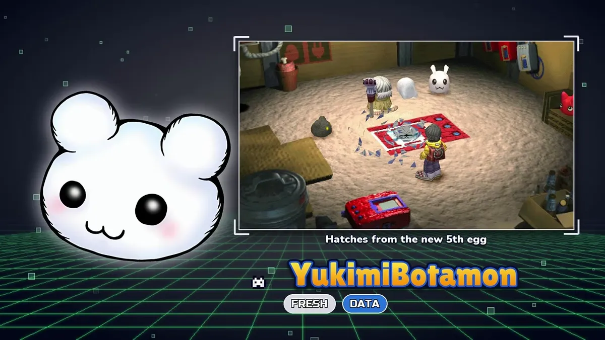 YukimiBotamon Fresh Data card in the DWDE trailer stating it hatches from the new fifth egg