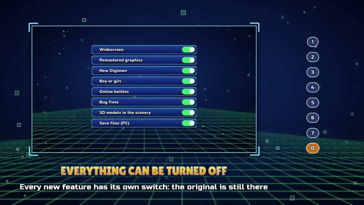 Eight on/off feature switches in the trailer including Save files PC with the caption that every new feature has its own switch