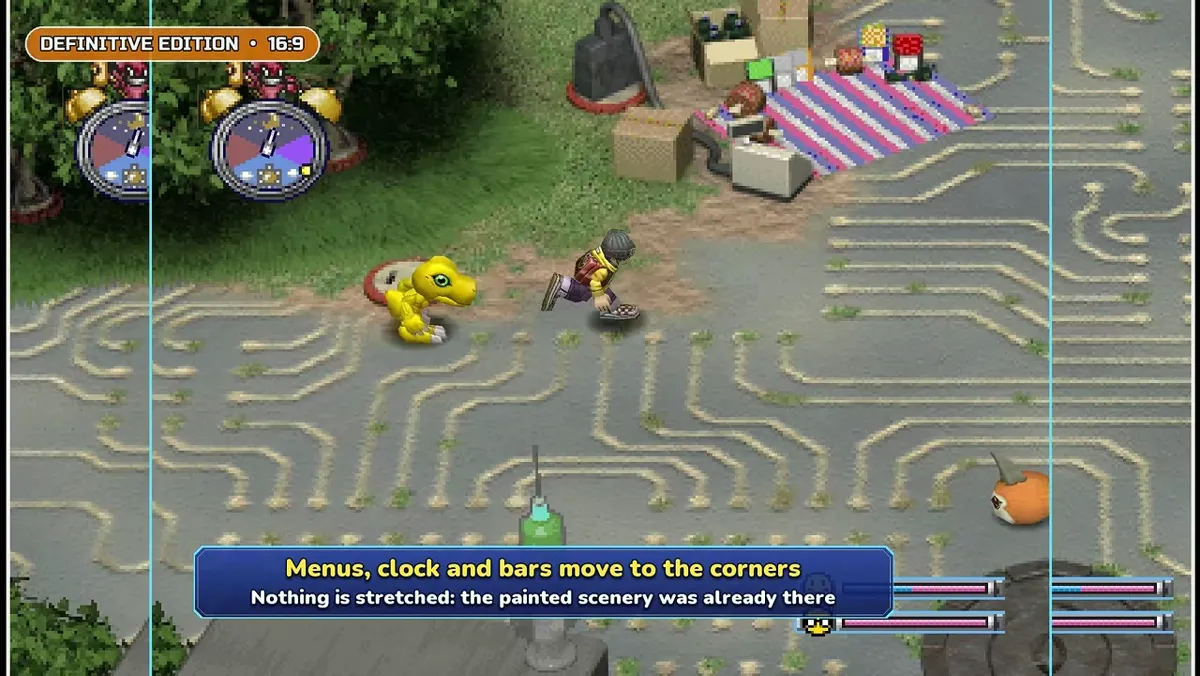 DWDE widescreen gameplay showing HUD clock and partner bars shifted toward the screen corners without stretching the map art