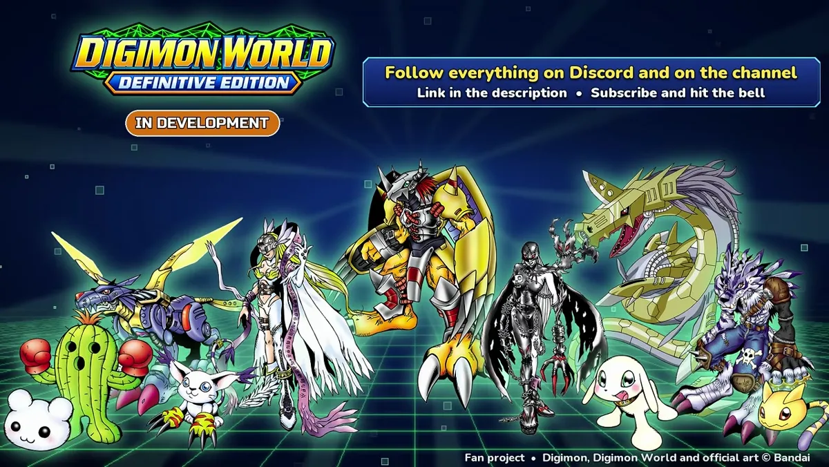 Digimon World Definitive Edition trailer end card showing an in-development badge and a call to follow Discord and the YouTube channel for DWDE updates